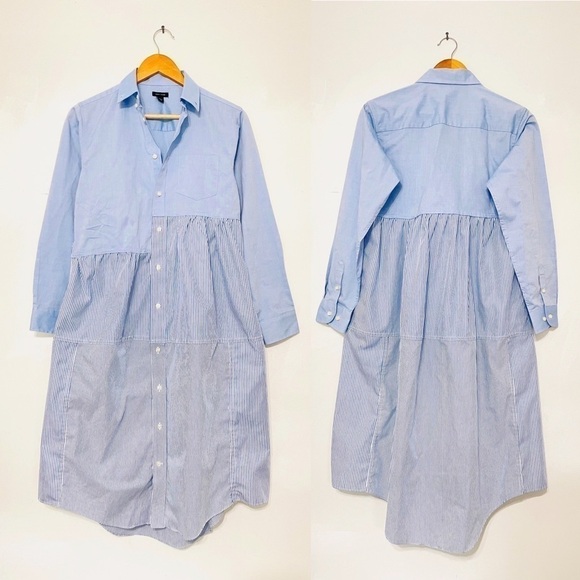 Poplin Crisp Wearable Art Pleated Striped Midi Tailored Button Down Shirt Dress - Picture 6 of 13